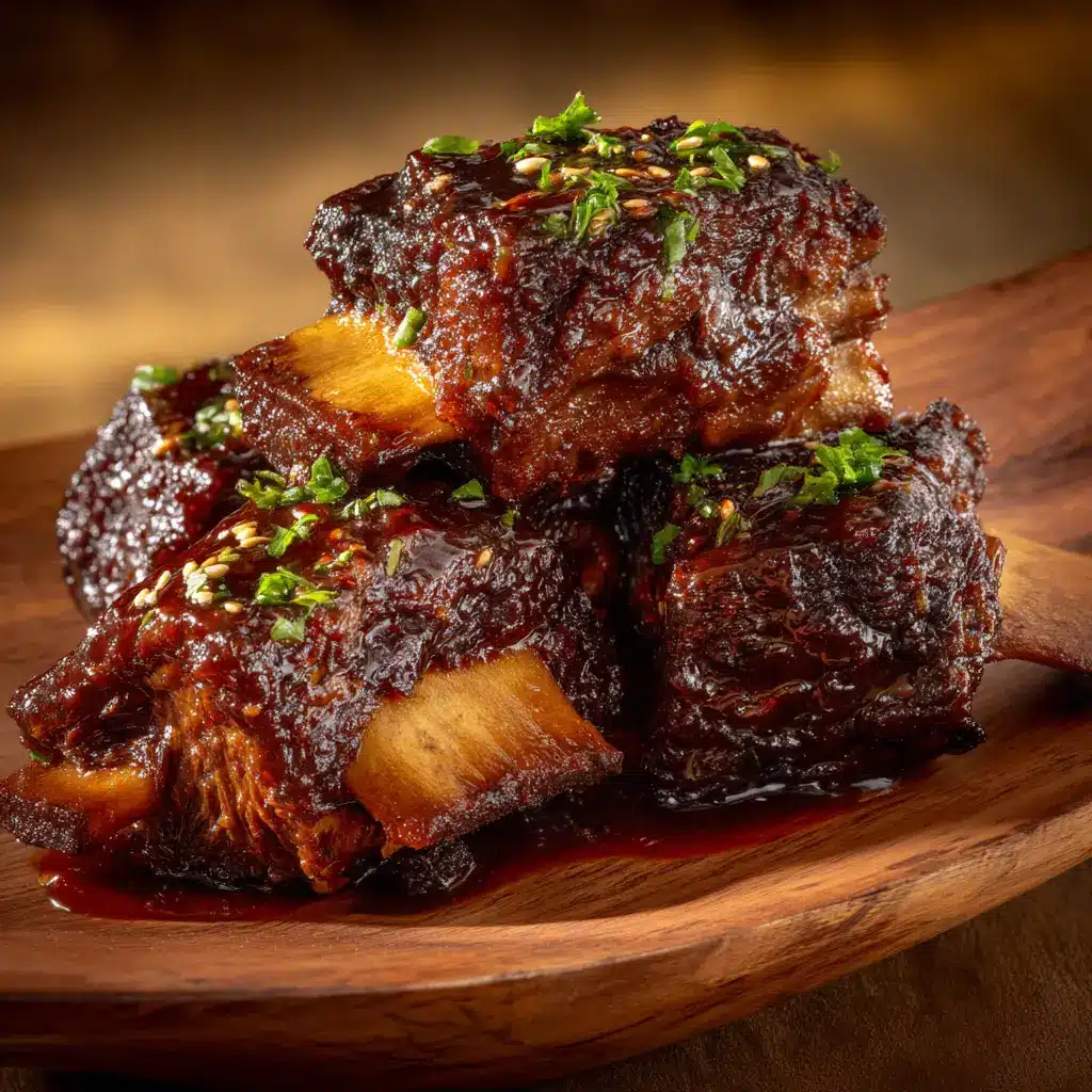 A plate of succulent braised beef short ribs coated in a rich, dark Asian-style sauce, garnished with fresh green onions.