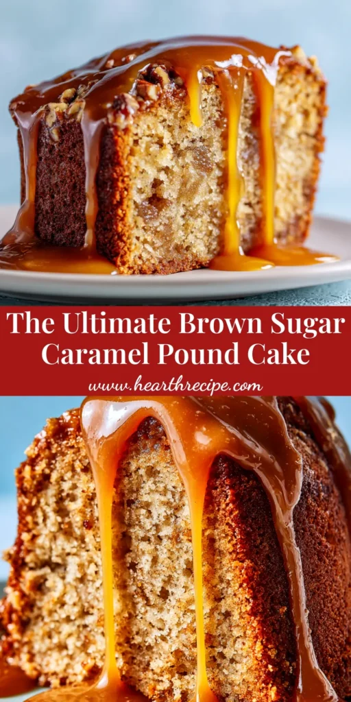 A beautiful Brown Sugar Caramel Pound Cake on a cake stand, with a slice cut out to show the moist, dense crumb, drizzled with rich caramel sauce.
