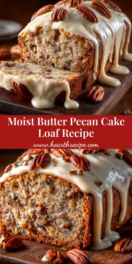 A delicious slice of Butter Pecan Cake Loaf on a plate, with the rest of the glazed loaf in the background.