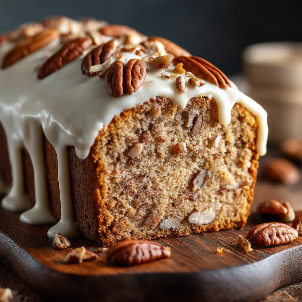 A close-up shot showing the moist and tender crumb of the butter pecan loaf, studded with pieces of toasted pecans.