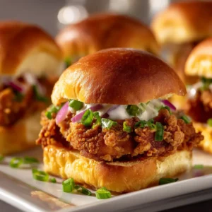 An extreme close-up of a buttermilk fried chicken slider, showing the craggy, crispy texture of the chicken coating and a dollop of spicy aioli.