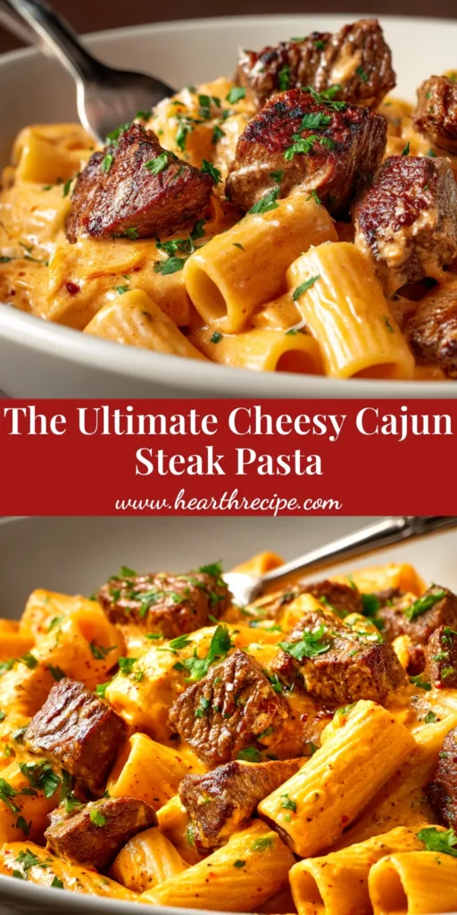 A delicious bowl of creamy Cajun Steak Pasta, garnished with fresh parsley. The perfect easy weeknight dinner recipe.