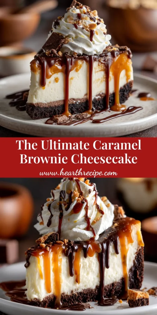 A stunning Caramel Brownie Cheesecake on a cake stand, with a slice removed to show the rich brownie base and creamy cheesecake layer, drizzled with caramel.