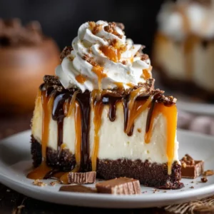 A close-up shot of a single slice of caramel brownie cheesecake on a white plate, highlighting the distinct layers of fudgy brownie and smooth cheesecake.