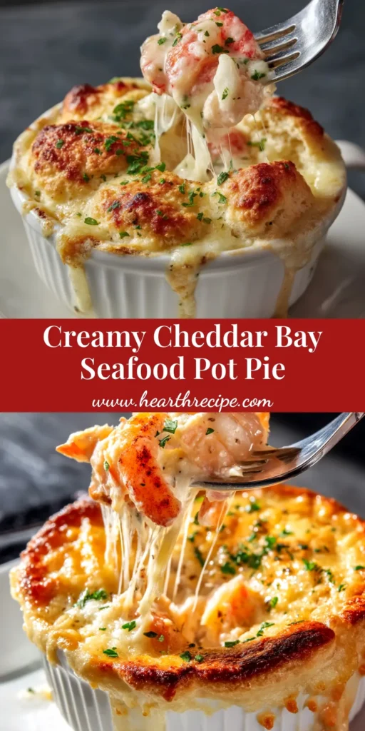 A delicious Cheddar Bay Biscuit Seafood Pot Pie in a white baking dish, with a golden cheesy biscuit topping and creamy filling showing. A serving spoon is lifting out a portion.