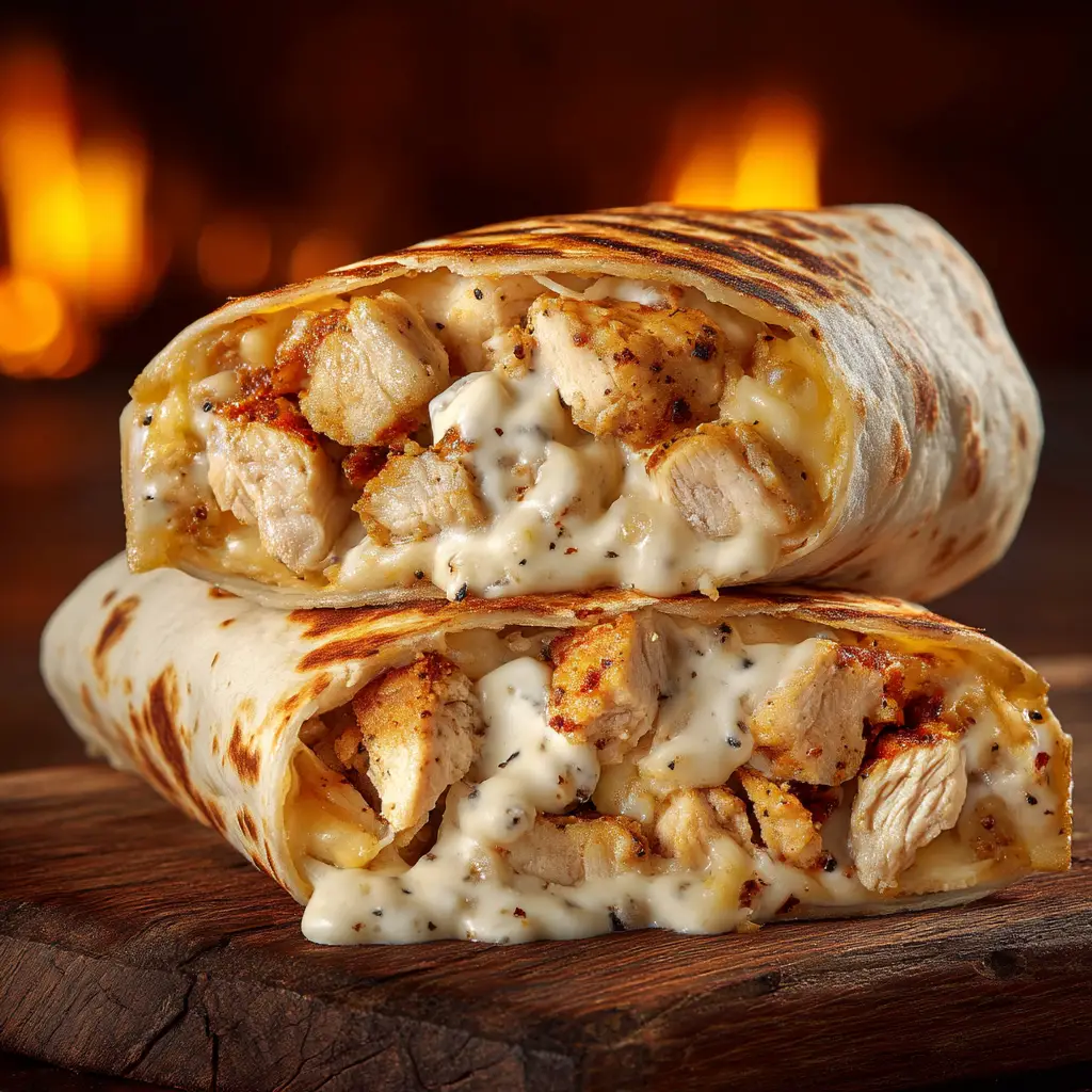 An extreme close-up of a cheesy garlic chicken wrap cut in half, revealing the juicy chicken and melted mozzarella cheese filling.