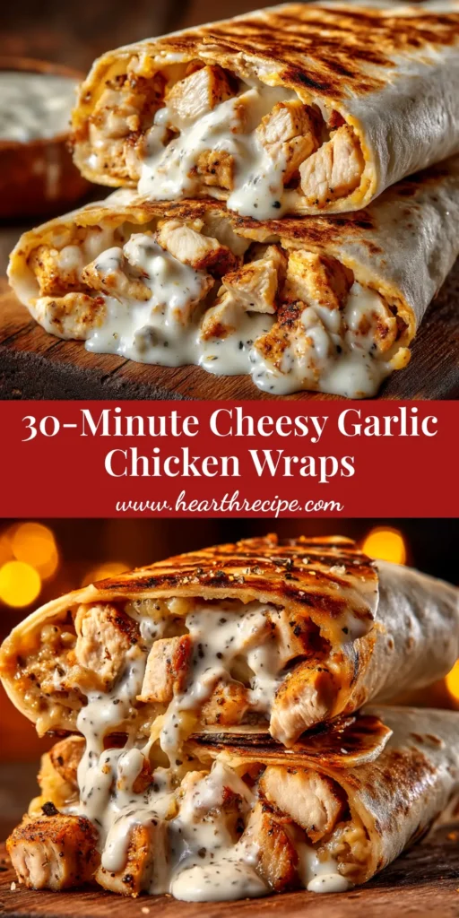 A golden-brown cheesy garlic chicken wrap cut in half to show the gooey, melted cheese and chicken filling inside, ready to be pinned.