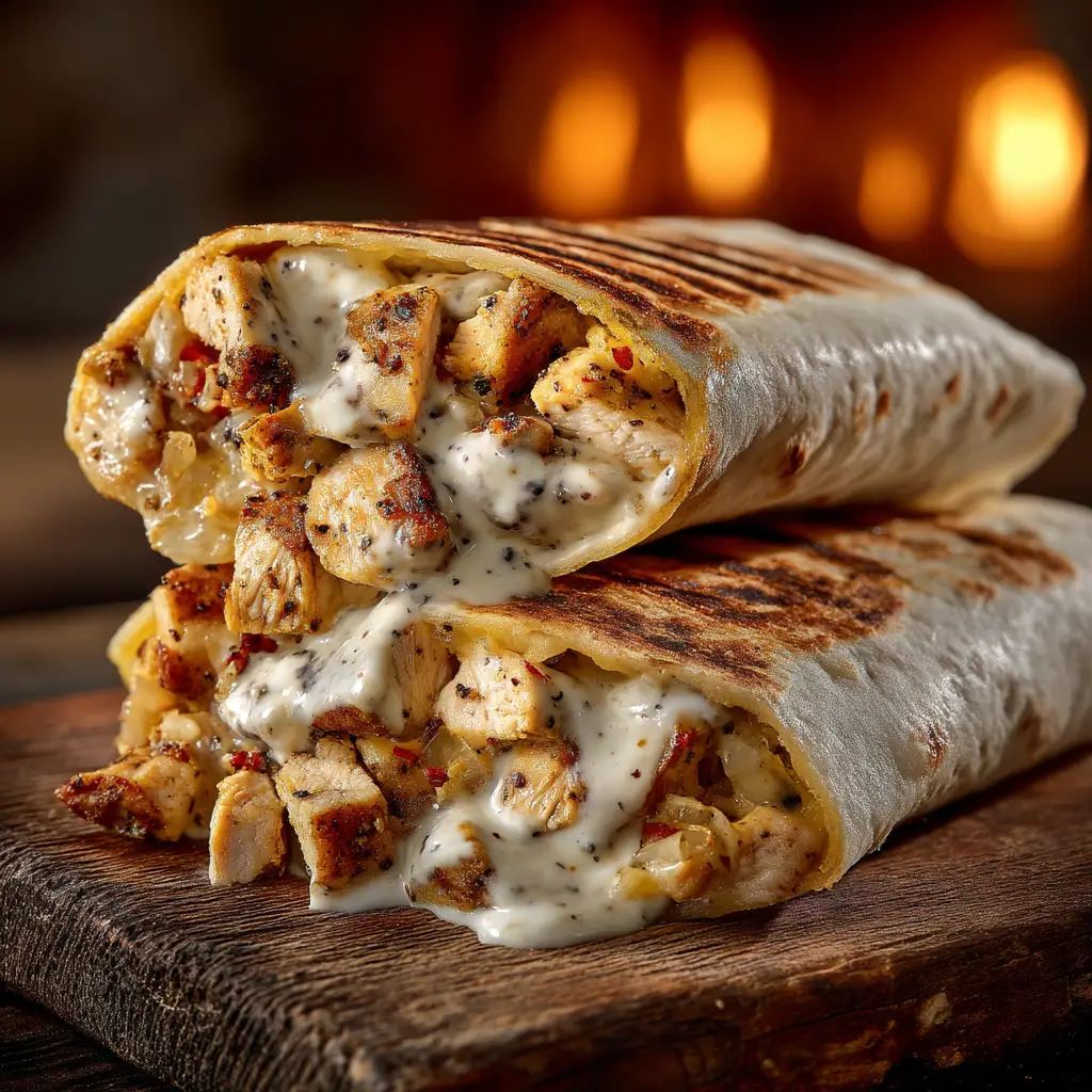 A close-up stack of two perfectly toasted garlic butter chicken wraps, showing the crispy, golden-brown tortilla.