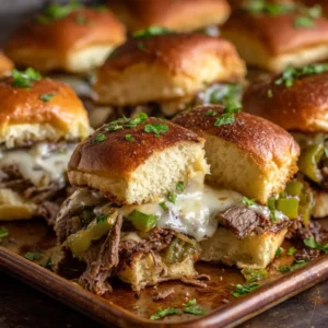 An eye-level close-up of a single Philly cheesesteak slider on a plate, highlighting the layers of shaved steak, peppers, and gooey cheese.