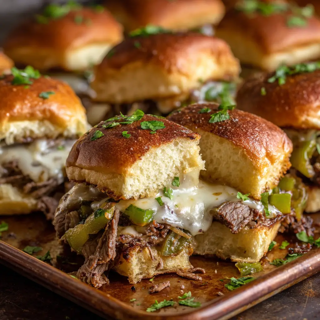 An eye-level close-up of a single Philly cheesesteak slider on a plate, highlighting the layers of shaved steak, peppers, and gooey cheese.