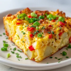 A hearty slice of cheesy potato breakfast bake on a white plate, showing the fluffy egg and sausage layers.