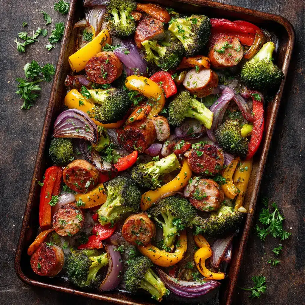 Chicken Sausage Sheet Pan Dinner (The Easiest Weeknight Meal) 2 A close-up view of the ingredients for a one-pan meal, including sliced chicken sausage, baby potatoes, and fresh broccoli on a baking sheet.