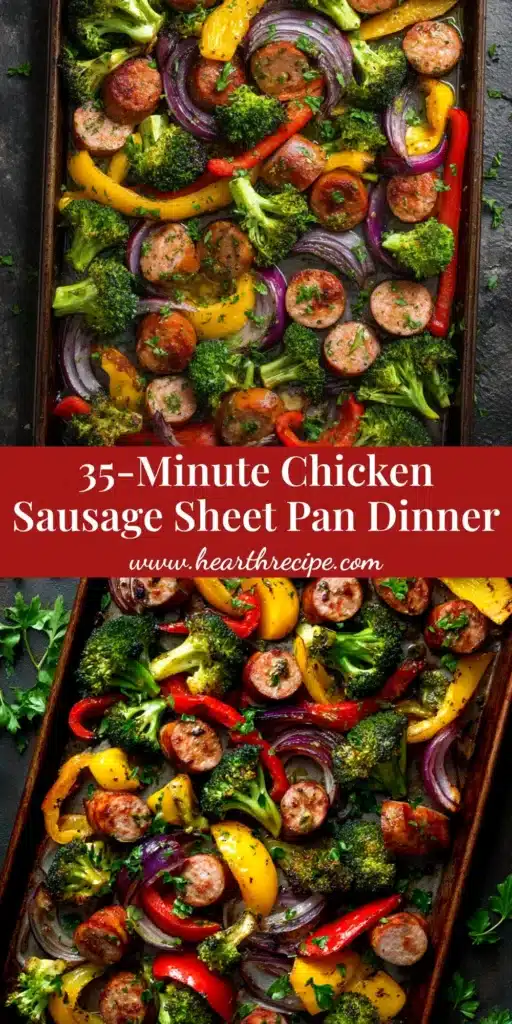 Chicken Sausage Sheet Pan Dinner (The Easiest Weeknight Meal) 3 An overhead shot of a vibrant Chicken Sausage Sheet Pan Dinner, fresh from the oven, with roasted potatoes, broccoli, and peppers.