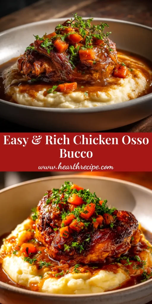 A savory bowl of Chicken Thigh Osso Bucco, featuring tender chicken in a rich tomato sauce, served over creamy polenta and garnished with fresh parsley.