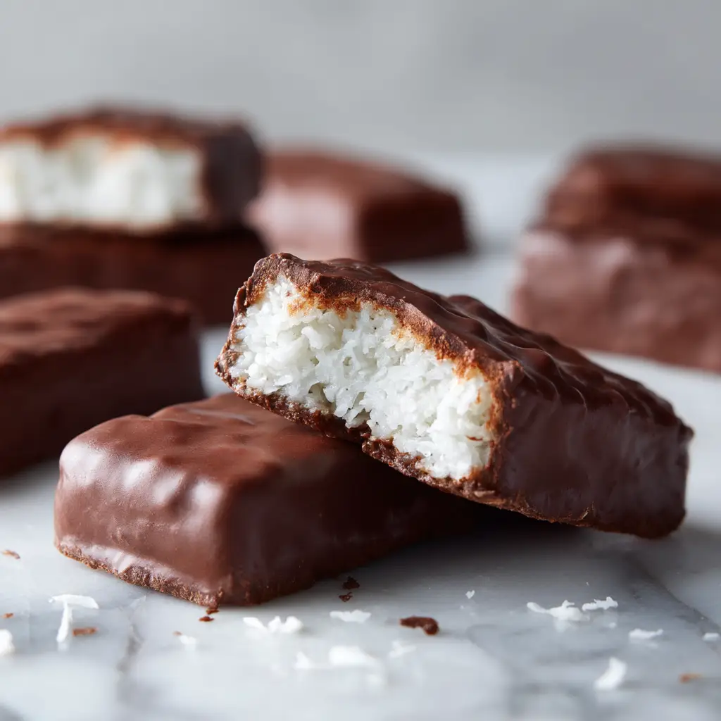 Several finished homemade Bounty bars resting on parchment paper after being dipped in chocolate.