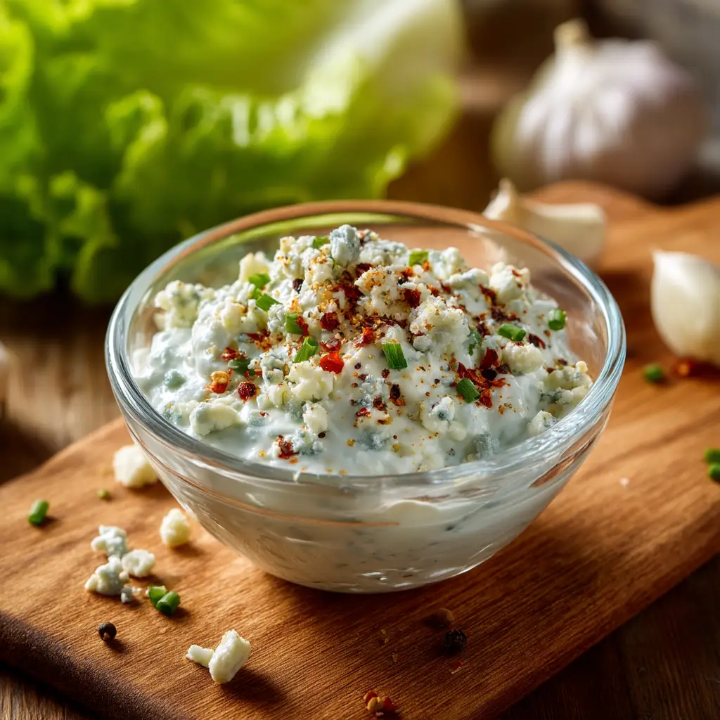 A close-up action shot of chunky blue cheese dressing being drizzled from a spoon.