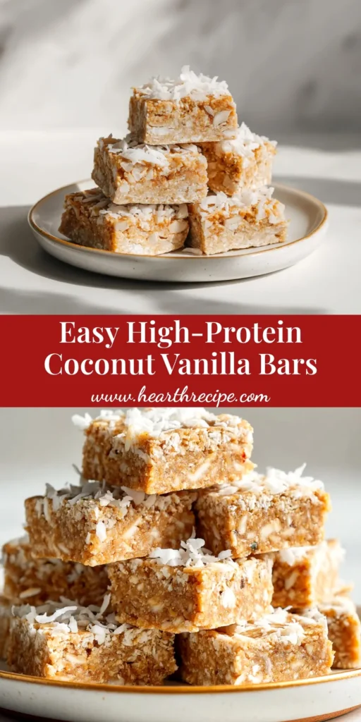A stack of homemade coconut vanilla protein bars on a white plate, with shredded coconut scattered around. The perfect healthy, no-bake snack.
