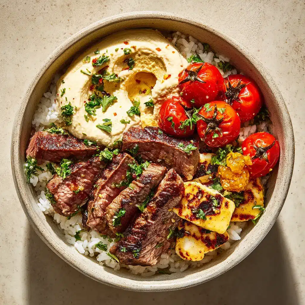 A close-up detail shot of the tender, juicy slices of marinated steak in a skillet, seared to perfection for the Mediterranean steak bowls.