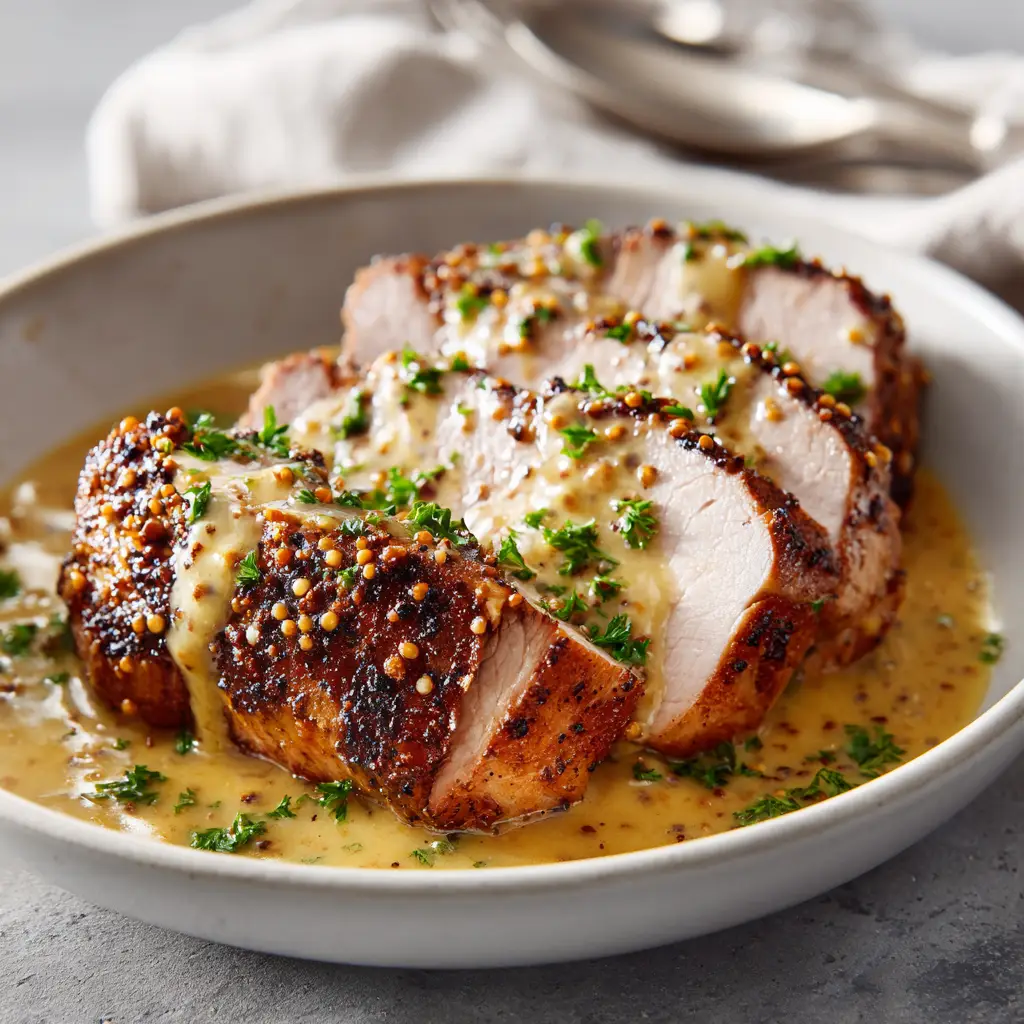 A close-up of sliced pork tenderloin medallions showing a juicy, tender interior and a perfectly seared crust. Highlights the result of this oven-baked pork tenderloin recipe.