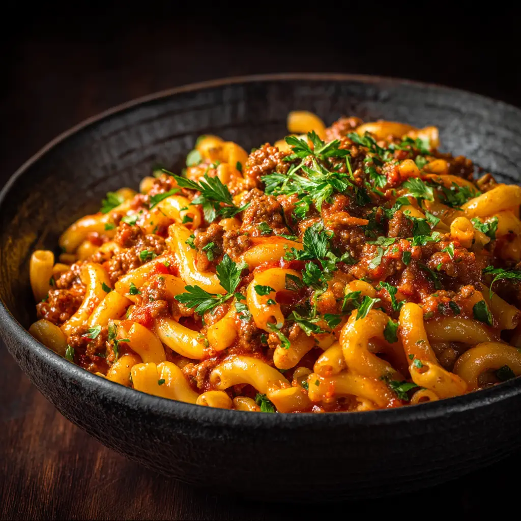 The One Pot Beefaroni simmering in a large Dutch oven, showing the macaroni cooking in the rich tomato and beef sauce before the cheese is added.
