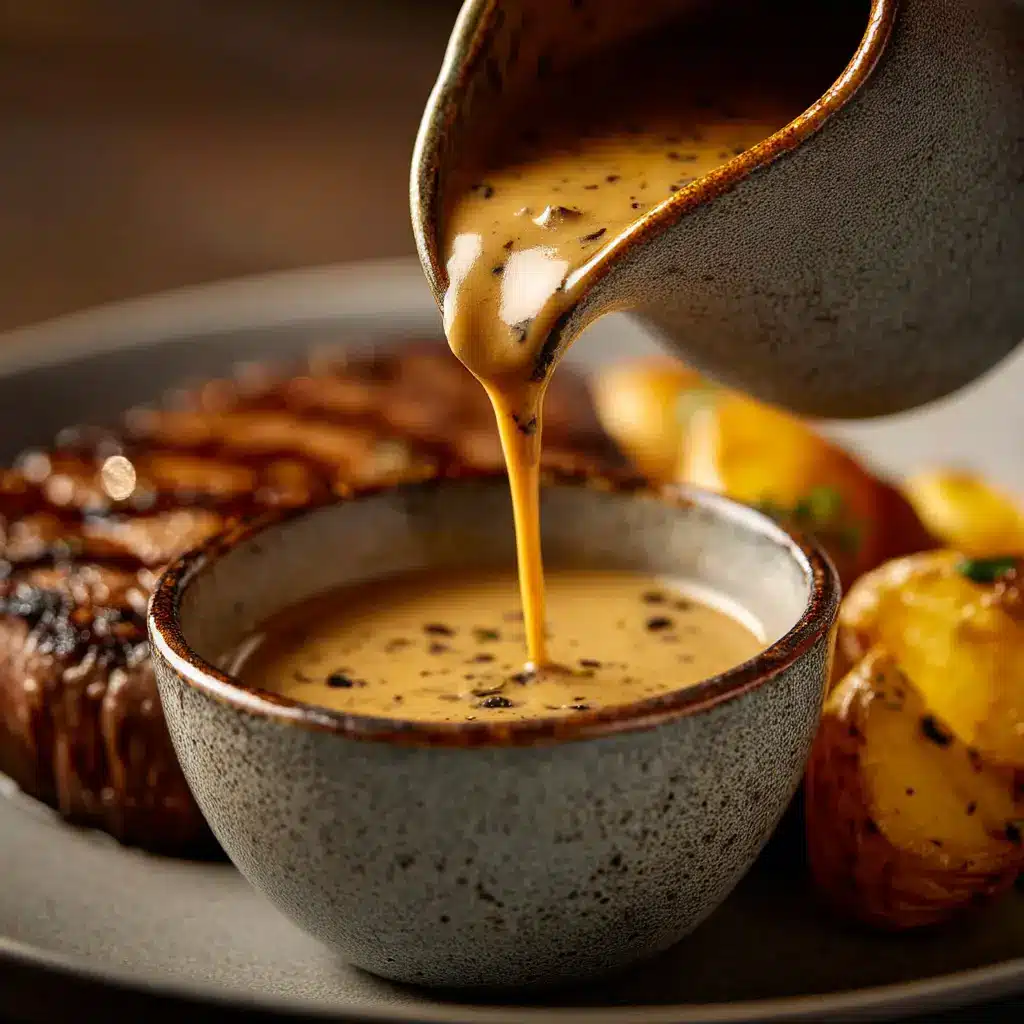 A skillet on a stove showing the peppercorn sauce simmering, with shallots and peppercorns visible in the creamy base.