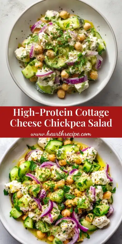 A vibrant and creamy Cottage Cheese Chickpea Salad served in a white bowl, garnished with fresh dill. This high-protein, no-mayo salad is a healthy lunch idea.