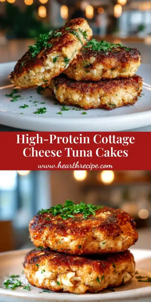 A stack of golden-brown Cottage Cheese Tuna Cakes on a white plate, garnished with fresh dill and a lemon wedge. A small bowl of dipping sauce is in the background.
