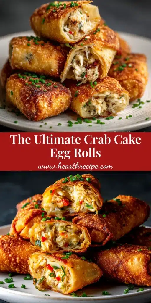 A platter of crispy, golden-brown Crab Cake Egg Rolls served with a creamy dipping sauce. One egg roll is cut in half, showing the rich crab filling.