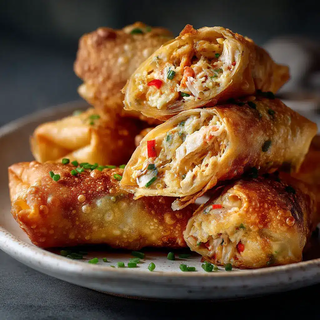 An overhead view of Crab Cake Egg Rolls being served with a side of spicy remoulade dipping sauce in a small white bowl.