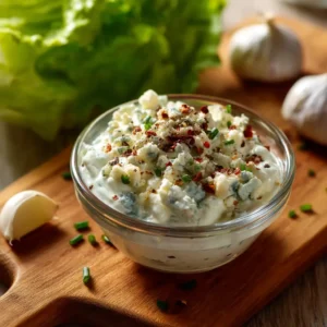 A small bowl of creamy blue cheese dressing next to a wedge of gorgonzola cheese and other ingredients.