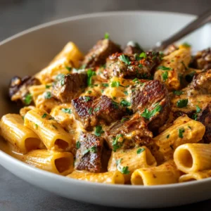 A skillet filled with creamy Cajun pasta sauce, tender steak bites, and bell peppers. A key step in making spicy steak pasta.