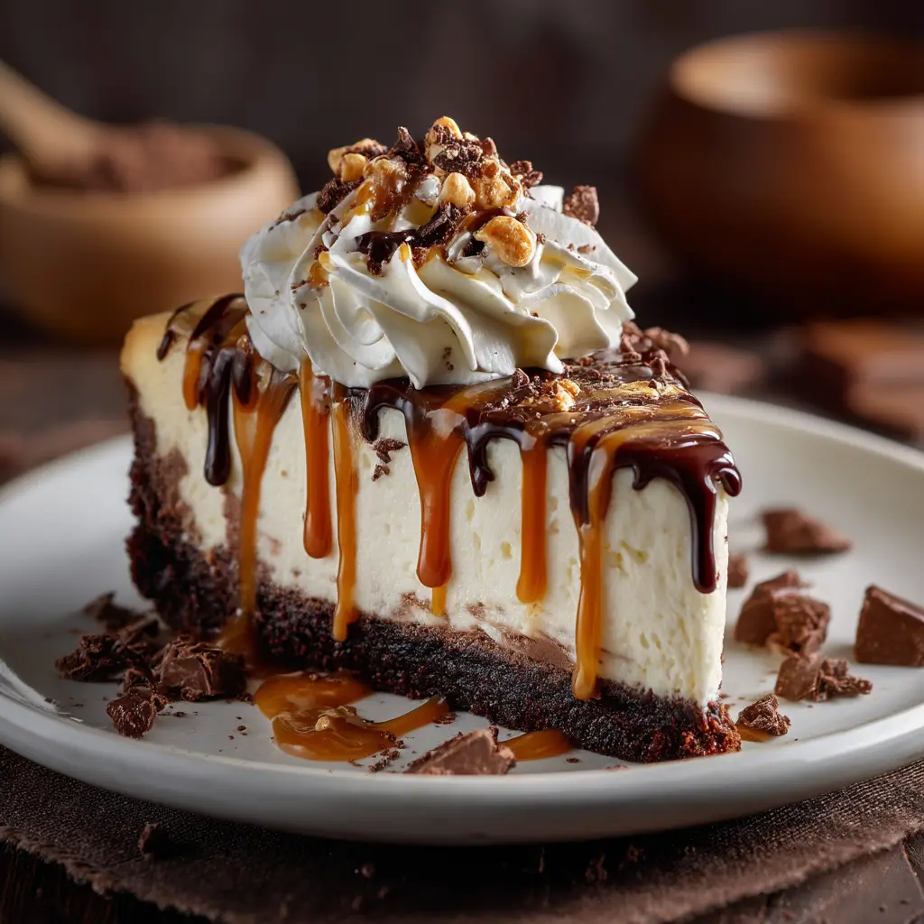 A fork cutting into a slice of brownie bottom cheesecake, with caramel sauce dripping down the side.