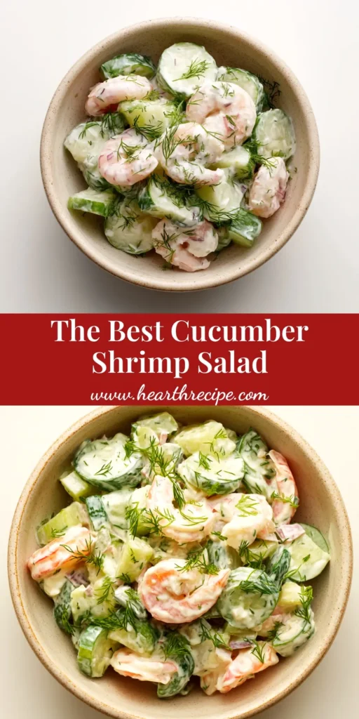 A large white bowl filled with creamy cucumber shrimp salad, garnished with fresh dill. This easy and refreshing recipe is perfect for a light lunch or dinner.