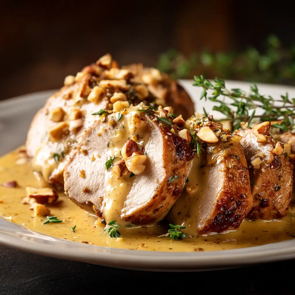 A skillet with creamy Dijon sauce being prepared, with sliced pork tenderloin in the background, ready to be served.