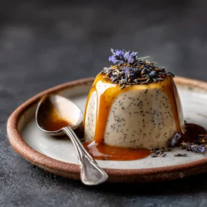 A close-up of a single serving of creamy Earl Grey panna cotta, highlighting its smooth and silky texture.