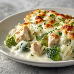 A close-up shot of the low-carb chicken casserole, highlighting the creamy alfredo sauce coating the chicken and broccoli.