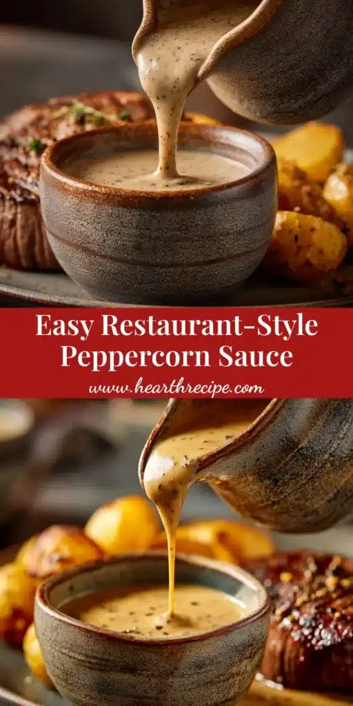 A skillet with rich and creamy peppercorn sauce, being poured over a perfectly cooked steak. The pin includes text overlay: 'Easy Peppercorn Sauce Recipe'.