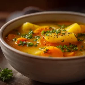 A close-up shot of a rustic bowl filled with vibrant orange creamy potato carrot soup, garnished with green herbs.