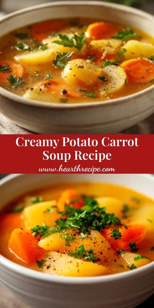 A beautiful bowl of creamy potato carrot soup garnished with fresh herbs and a swirl of cream, with the recipe title text overlay.