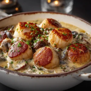A gourmet creamy seafood bake being prepared, showing shrimp, scallops, and fish in a rich, cheesy white wine sauce before being topped and baked into a Seafood Cassolette.