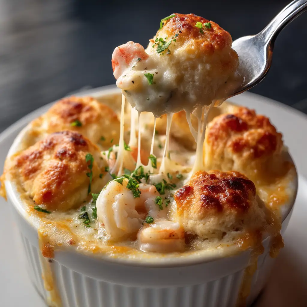 The rich and creamy seafood pot pie filling with shrimp, scallops, peas, and carrots before the biscuit topping is added.
