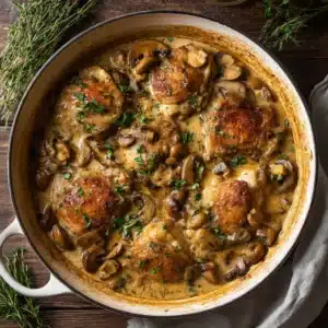A top-down view of Slow Cooker Mushroom Chicken in a rustic white bowl, highlighting the creamy sauce and sliced mushrooms. The perfect crock pot chicken dinner.