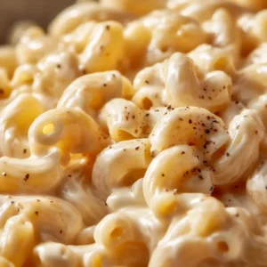 A close-up spoonful of creamy white cheddar mac and cheese, showcasing the velvety smooth cheese sauce coating the pasta.