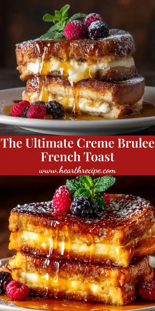 Creme Brulee French Toast with a perfectly caramelized sugar crust, served on a white plate with fresh berries for a decadent brunch.