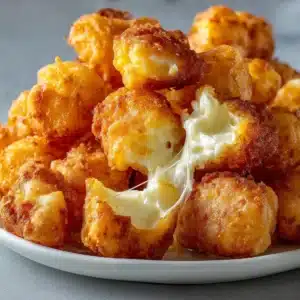 A close-up macro shot of golden brown cheese curds, showcasing the crispy batter texture from the fried cheese curds recipe.