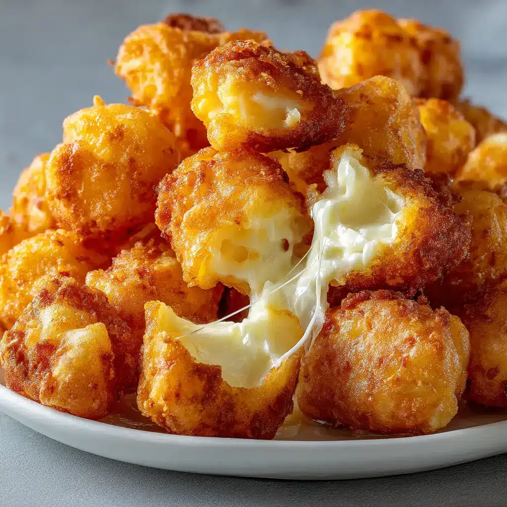 A close-up macro shot of golden brown cheese curds, showcasing the crispy batter texture from the fried cheese curds recipe.