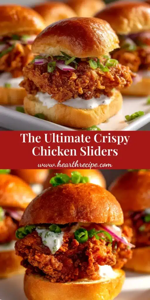 A platter of crispy fried chicken sliders on soft brioche buns, garnished with pickles and a creamy sauce. The perfect appetizer for game day.