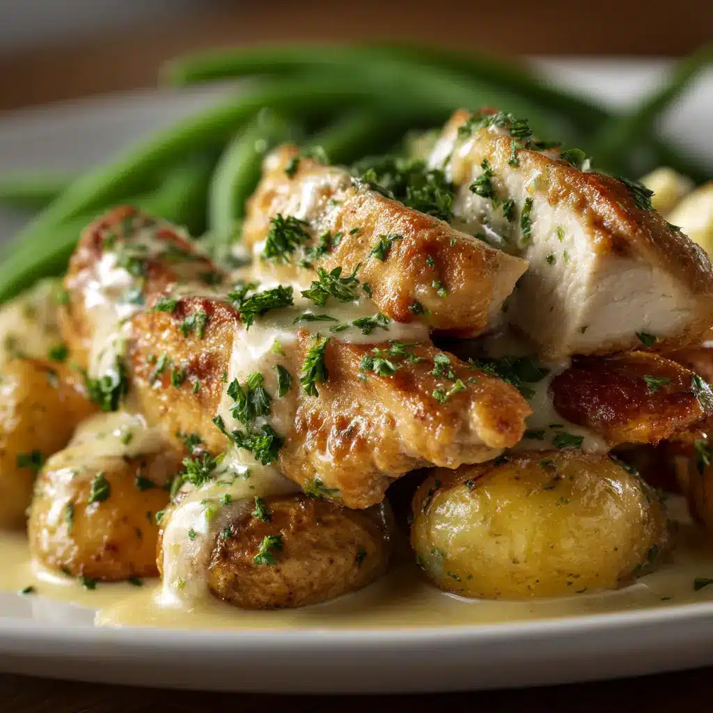 A close-up shot of a plate with roasted garlic parmesan chicken and golden potatoes, highlighting the crispy texture.