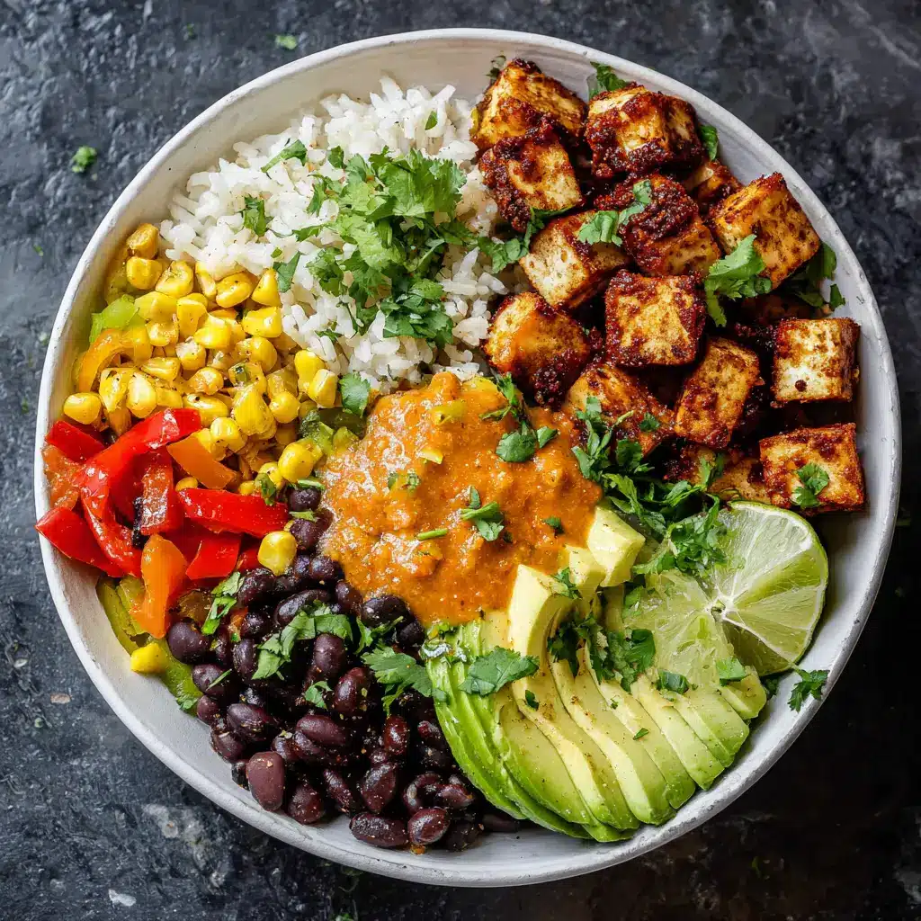 A side-angle shot of two spicy tofu burrito bowls, ready to be served, highlighting the crispy texture of the baked tofu.