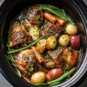 An overhead shot of juicy honey garlic chicken thighs in a black ceramic slow cooker insert, coated in a thick, bubbly sauce.